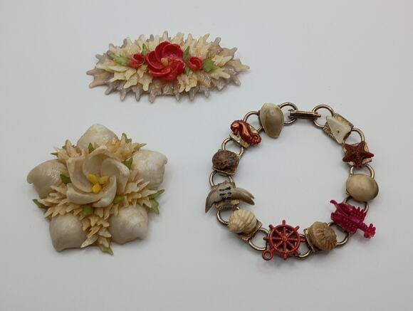 Reclaimed Vintage Jewelry - Vintage Beach & Seashell Jewelry Lot – Bracelet & 2 Brooches